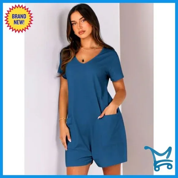 Loose Fit V Neck Romper Casual Summer Jumpsuit with Pockets Short Sleeve - Picture 6 of 7